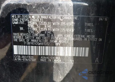 2016 Toyota Rav4 Le from USA, damaged, VIN 2T3BFREV2GW481312